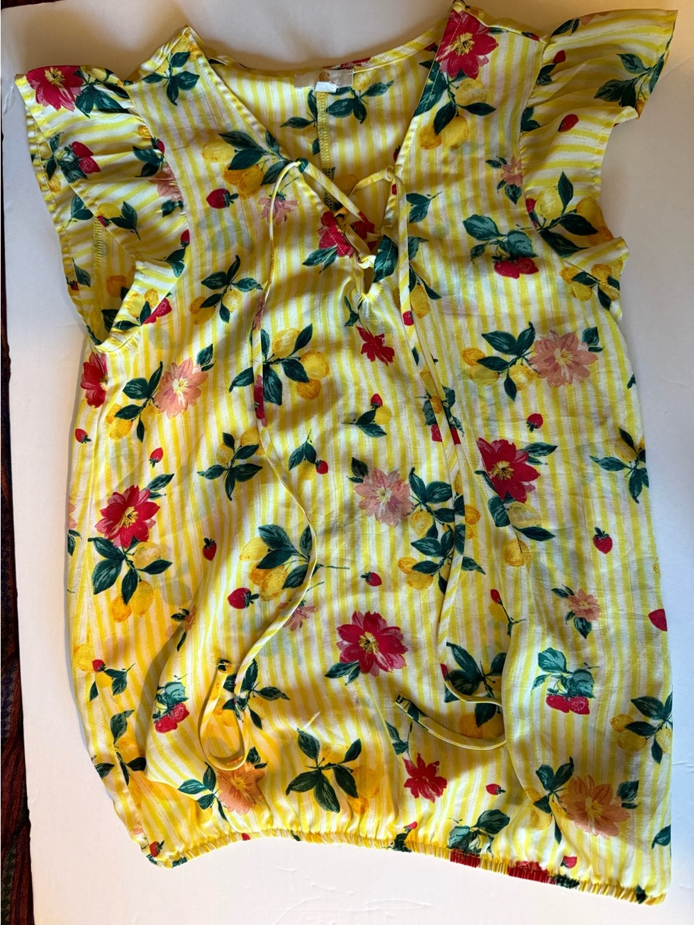 Charming Charlie Yellow Stripe Floral Flutter Sleeve Lace Up Top Size Small